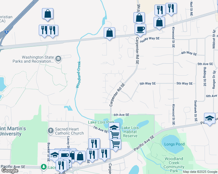 map of restaurants, bars, coffee shops, grocery stores, and more near 6110 Balboa Lane Southeast in Lacey