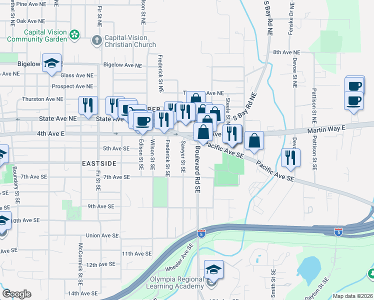 map of restaurants, bars, coffee shops, grocery stores, and more near 521-1/2 Boulevard Road Southeast in Olympia