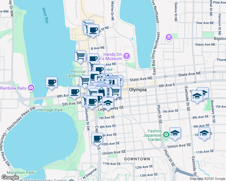 map of restaurants, bars, coffee shops, grocery stores, and more near 425 Franklin Street Southeast in Olympia