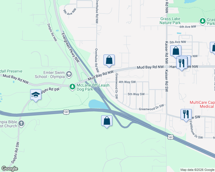 map of restaurants, bars, coffee shops, grocery stores, and more near 511 Greenwood Drive Southwest in Olympia