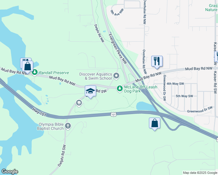 map of restaurants, bars, coffee shops, grocery stores, and more near Delphi Rd SW & Mud Bay Rd NW in Olympia