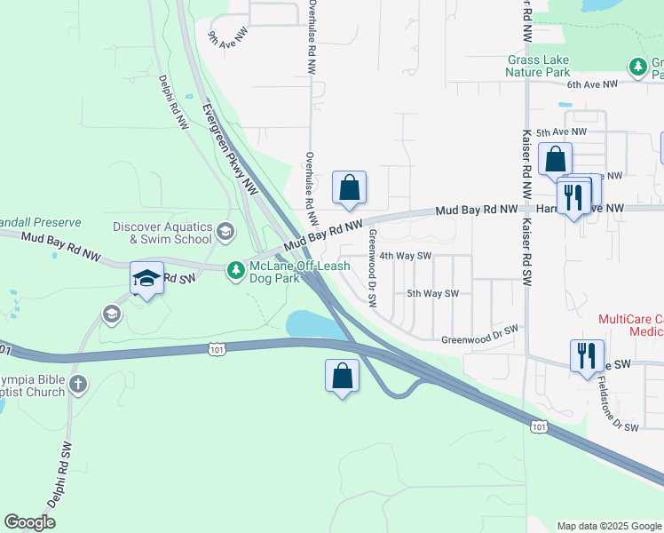 map of restaurants, bars, coffee shops, grocery stores, and more near 5031 Woodbine Drive Southwest in Olympia