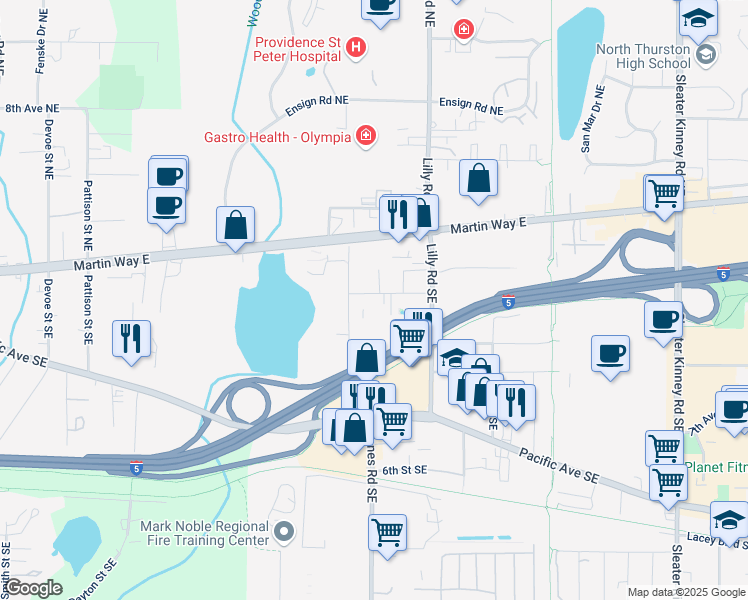 map of restaurants, bars, coffee shops, grocery stores, and more near 518 Stoll Road Southeast in Olympia