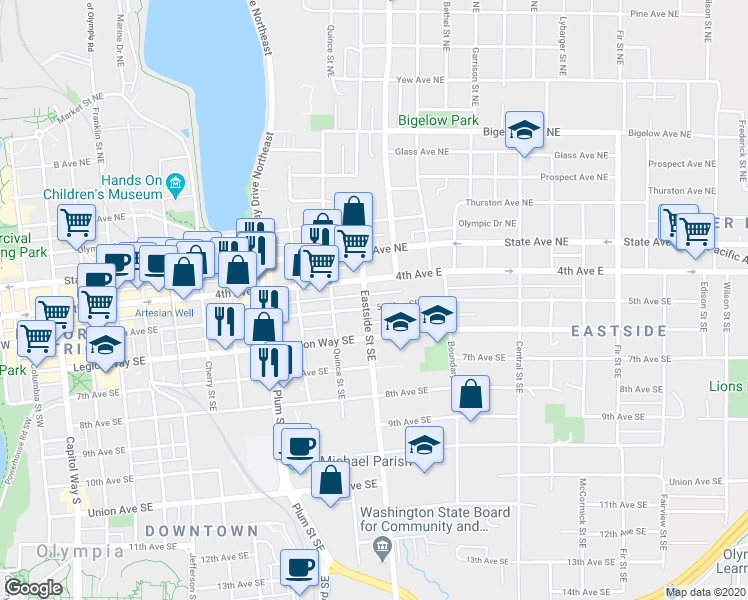 map of restaurants, bars, coffee shops, grocery stores, and more near 1118 Legion Way Southeast in Olympia