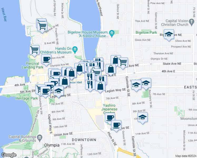 map of restaurants, bars, coffee shops, grocery stores, and more near 667 5th Avenue Southeast in Olympia