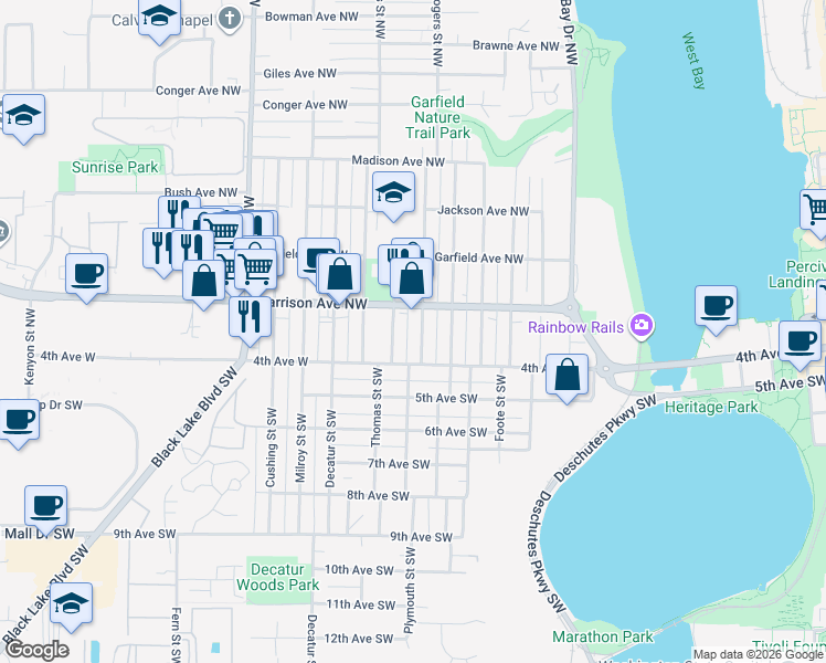 map of restaurants, bars, coffee shops, grocery stores, and more near 1320 4th Avenue West in Olympia