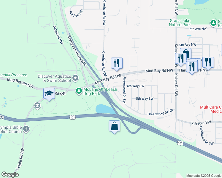 map of restaurants, bars, coffee shops, grocery stores, and more near 5031 Woodbine Drive Southwest in Olympia