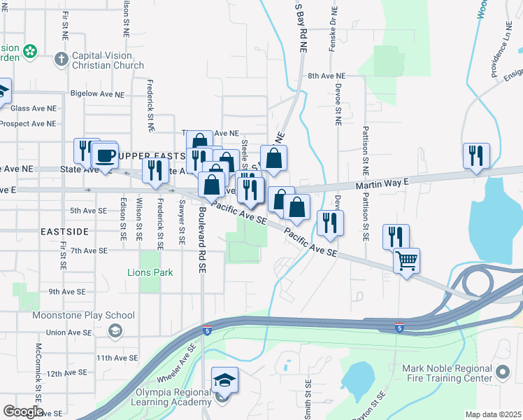 map of restaurants, bars, coffee shops, grocery stores, and more near in Olympia