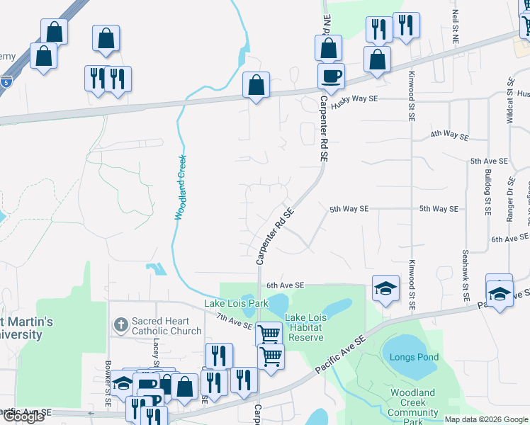 map of restaurants, bars, coffee shops, grocery stores, and more near 578 Malibu Drive Southeast in Lacey
