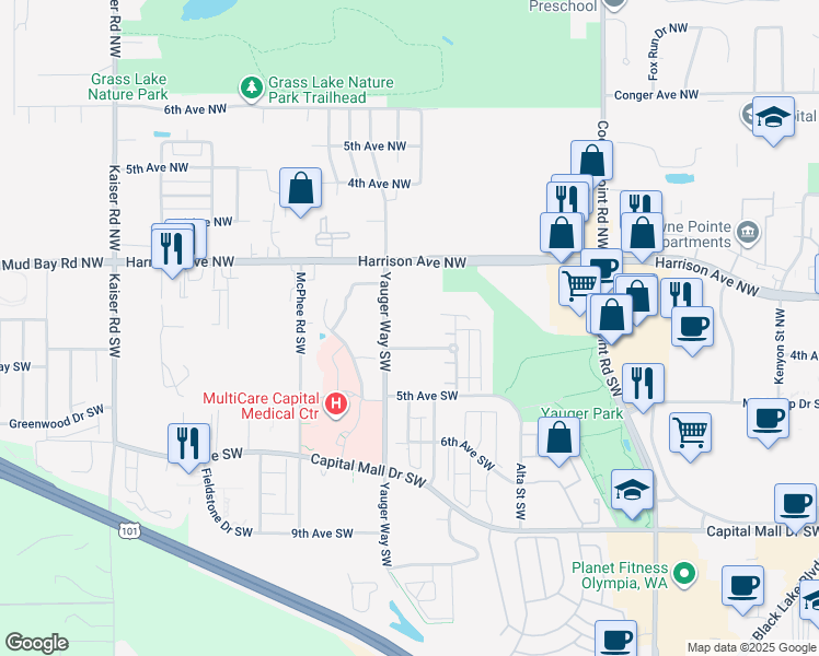 map of restaurants, bars, coffee shops, grocery stores, and more near 420 Yauger Way Southwest in Olympia
