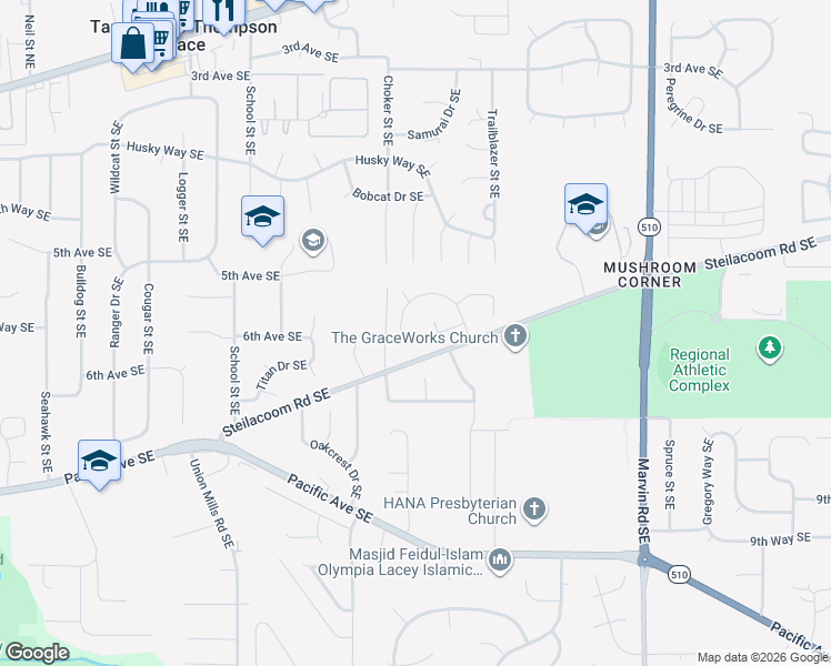 map of restaurants, bars, coffee shops, grocery stores, and more near 525 Pamela Drive Southeast in Lacey