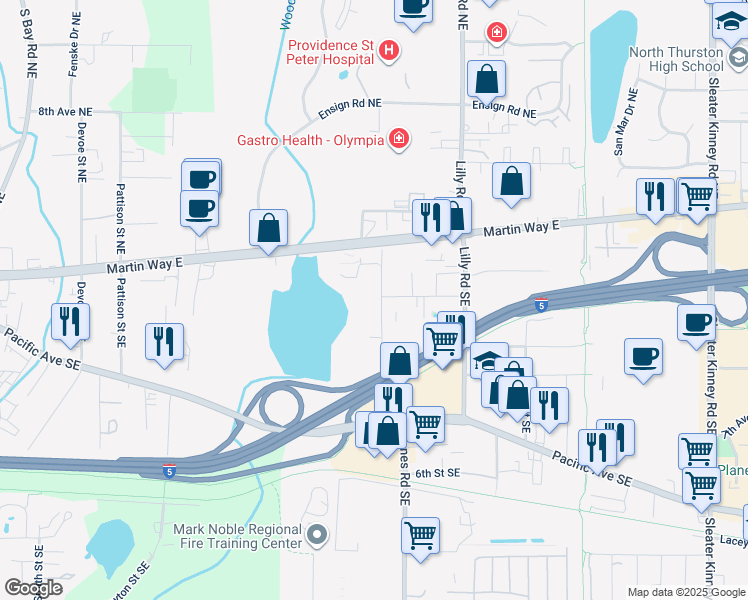map of restaurants, bars, coffee shops, grocery stores, and more near 423 Stoll Road Southeast in Olympia