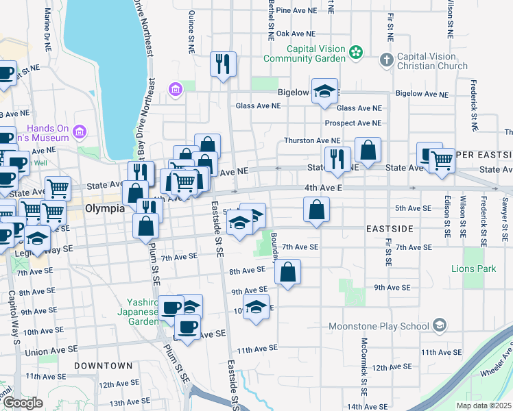 map of restaurants, bars, coffee shops, grocery stores, and more near 1220 4th Avenue East in Olympia