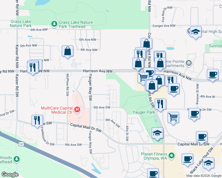 map of restaurants, bars, coffee shops, grocery stores, and more near 311 Marwood Lane Southwest in Olympia