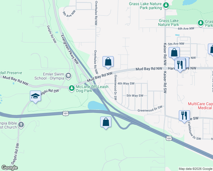 map of restaurants, bars, coffee shops, grocery stores, and more near 5002 4th Way Southwest in Olympia