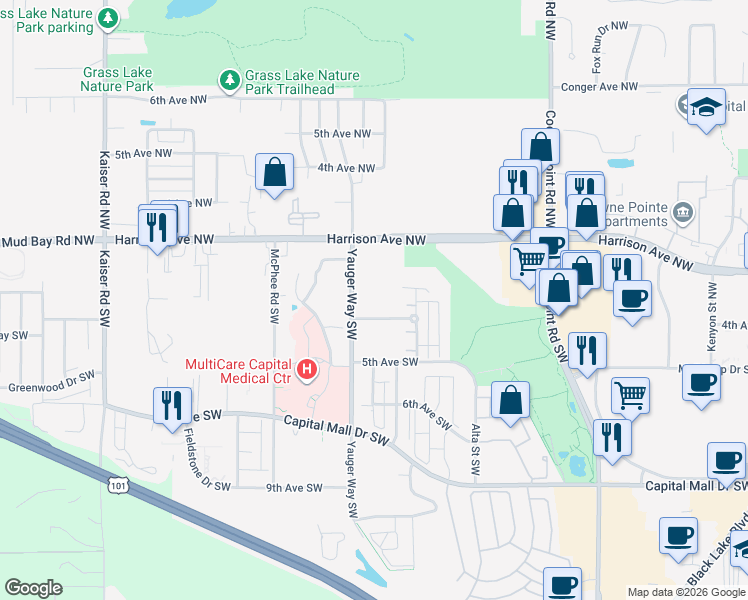 map of restaurants, bars, coffee shops, grocery stores, and more near 420 Yauger Way Southwest in Olympia