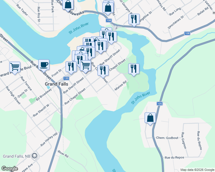 map of restaurants, bars, coffee shops, grocery stores, and more near 206 Rue Basin Street in Grand-Sault