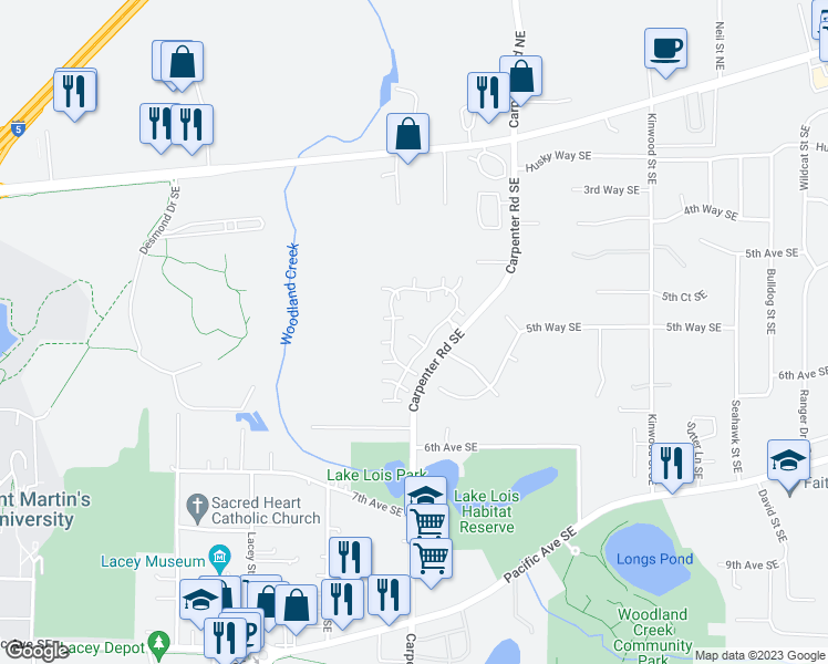 map of restaurants, bars, coffee shops, grocery stores, and more near 644 Malibu Drive Southeast in Lacey