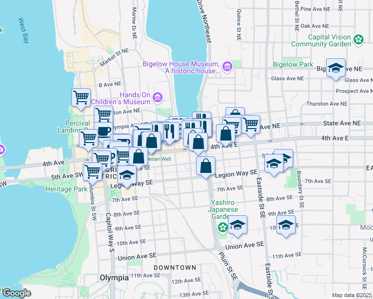 map of restaurants, bars, coffee shops, grocery stores, and more near in Olympia
