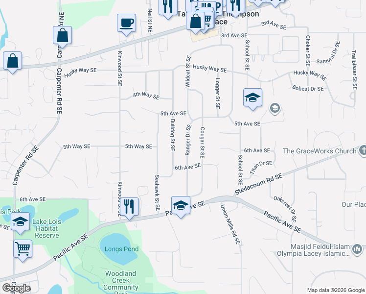 map of restaurants, bars, coffee shops, grocery stores, and more near 515 Ranger Drive Southeast in Olympia