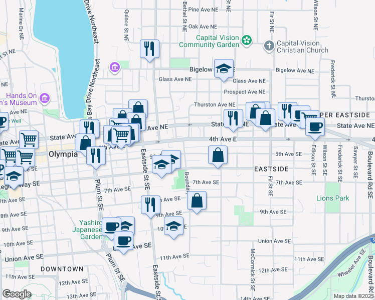 map of restaurants, bars, coffee shops, grocery stores, and more near 1311 4th Avenue East in Olympia