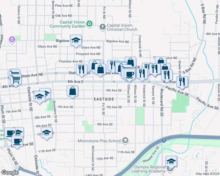 map of restaurants, bars, coffee shops, grocery stores, and more near 1809 4th Avenue East in Olympia
