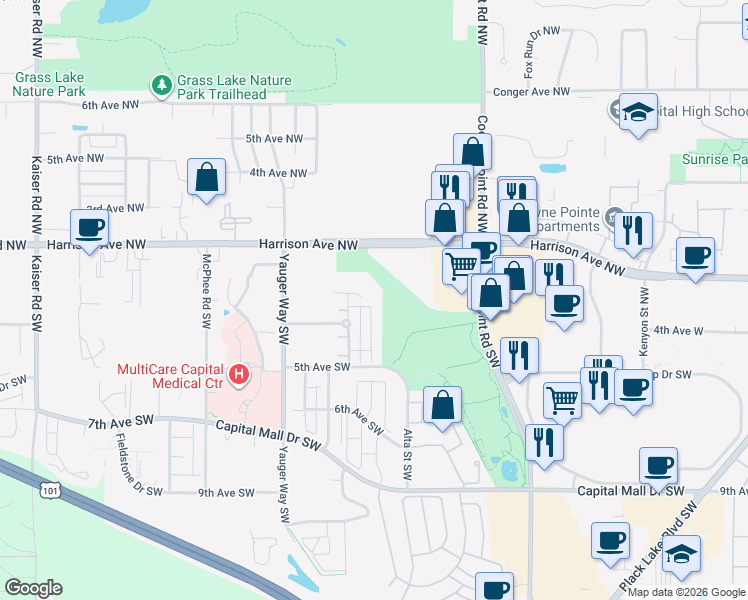 map of restaurants, bars, coffee shops, grocery stores, and more near 3600 5th Avenue Southwest in Olympia