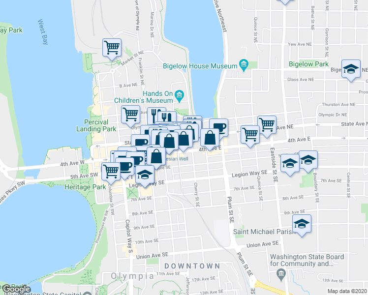 map of restaurants, bars, coffee shops, grocery stores, and more near 114 Jefferson Street Southeast in Olympia