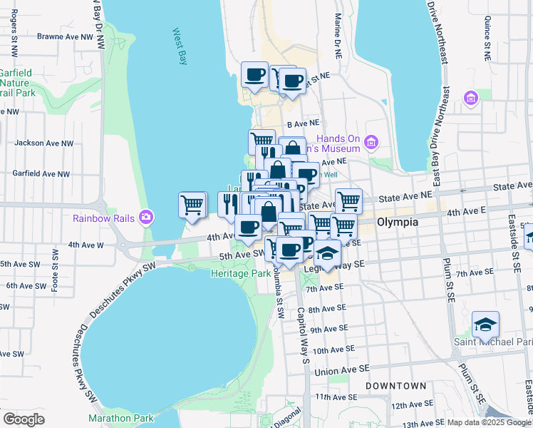 map of restaurants, bars, coffee shops, grocery stores, and more near 220 Water Street Northwest in Olympia