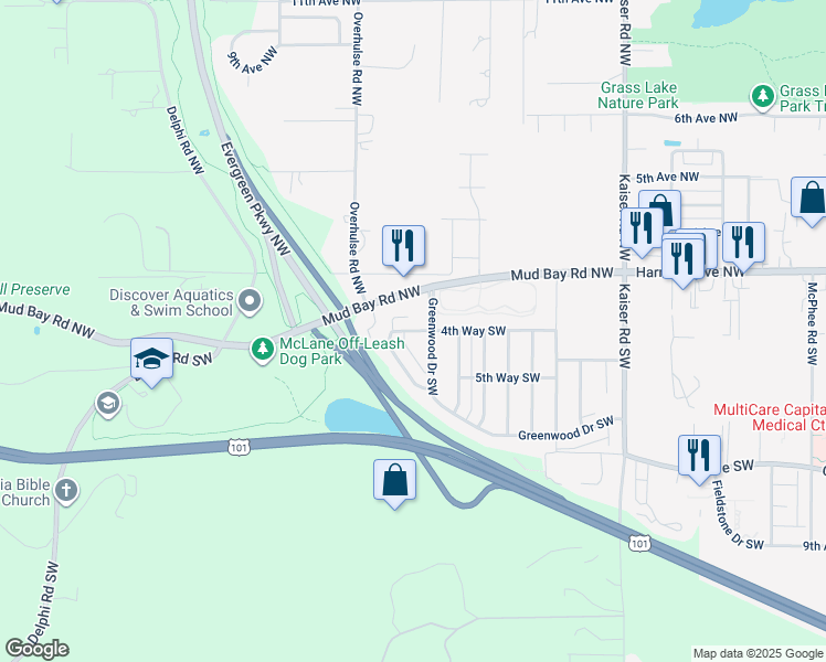 map of restaurants, bars, coffee shops, grocery stores, and more near 5002 4th Way Southwest in Olympia