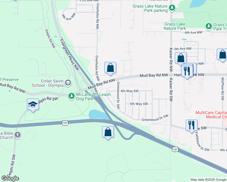 map of restaurants, bars, coffee shops, grocery stores, and more near 5002 4th Way Southwest in Olympia