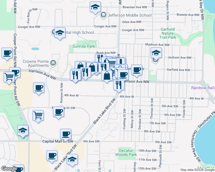 map of restaurants, bars, coffee shops, grocery stores, and more near 2107 Harrison Avenue Northwest in Olympia