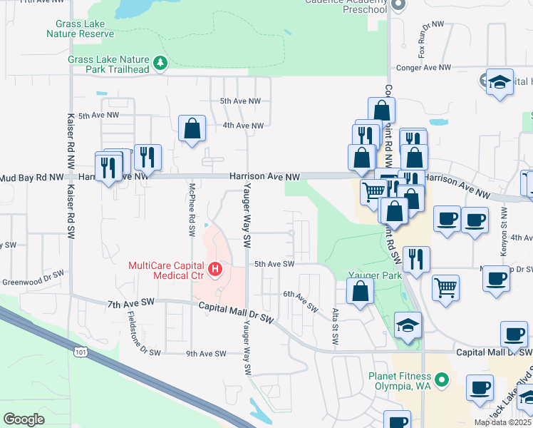 map of restaurants, bars, coffee shops, grocery stores, and more near 420 Yauger Way Southwest in Olympia