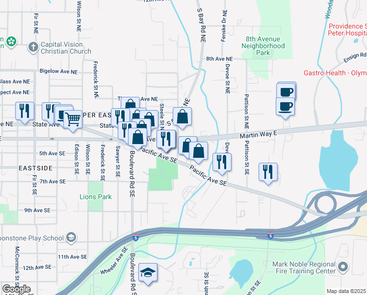 map of restaurants, bars, coffee shops, grocery stores, and more near 2521 4th Avenue East in Olympia