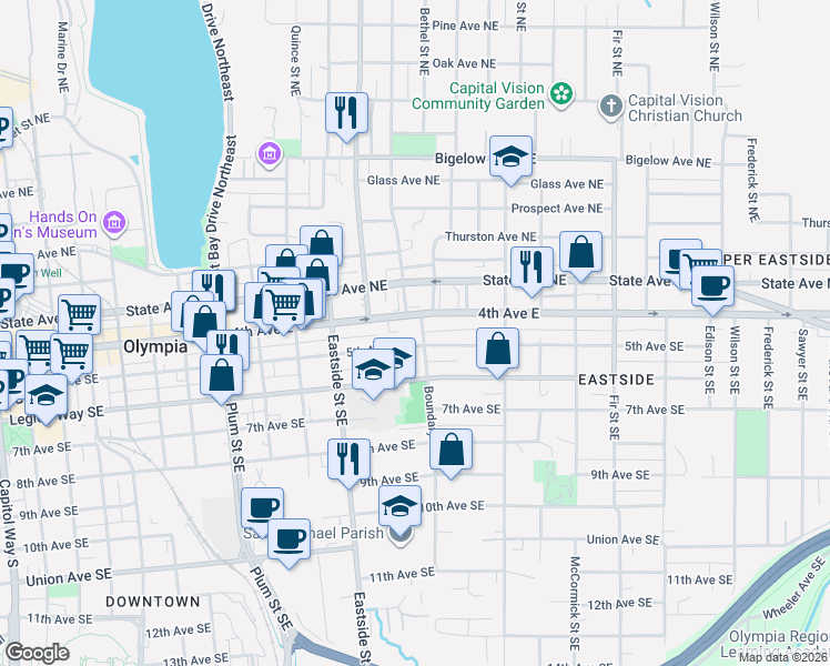 map of restaurants, bars, coffee shops, grocery stores, and more near 411 Boundary Street Southeast in Olympia