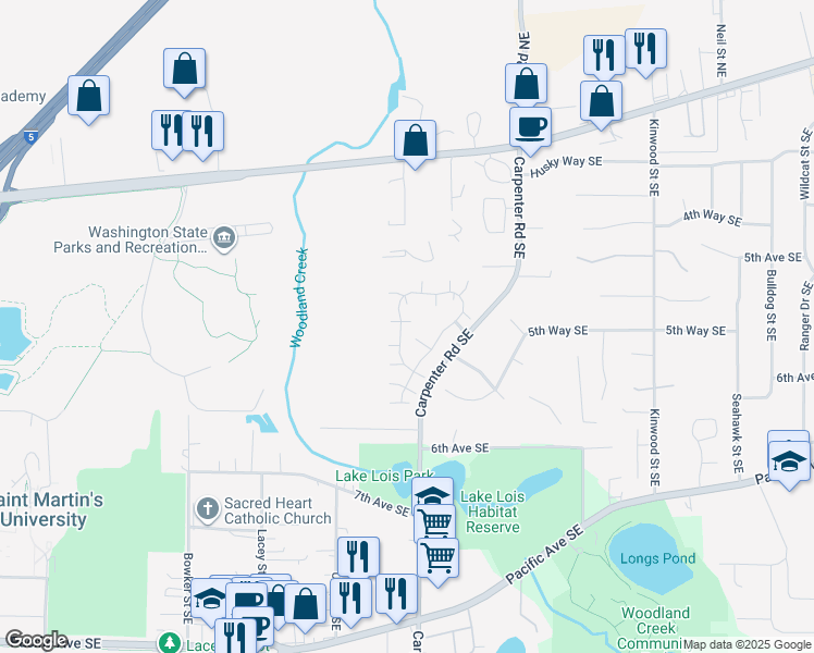 map of restaurants, bars, coffee shops, grocery stores, and more near 602 Malibu Drive Southeast in Lacey