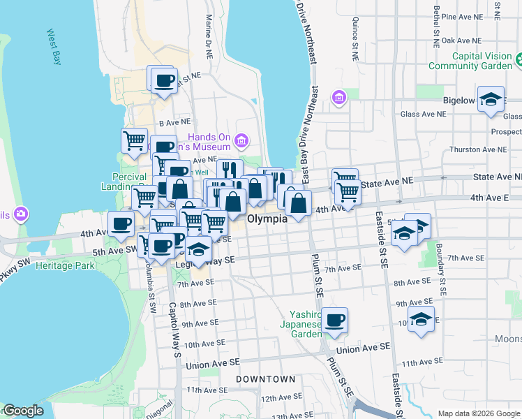 map of restaurants, bars, coffee shops, grocery stores, and more near 114 Jefferson Street Southeast in Olympia