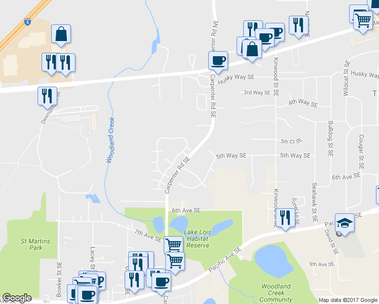 map of restaurants, bars, coffee shops, grocery stores, and more near 501 Malibu Drive Southeast in Lacey