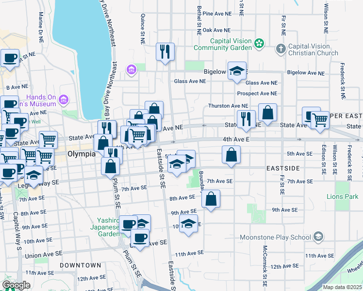 map of restaurants, bars, coffee shops, grocery stores, and more near 1220 4th Avenue East in Olympia