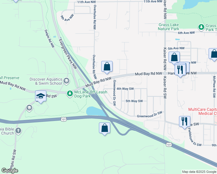 map of restaurants, bars, coffee shops, grocery stores, and more near 5002 4th Way Southwest in Olympia