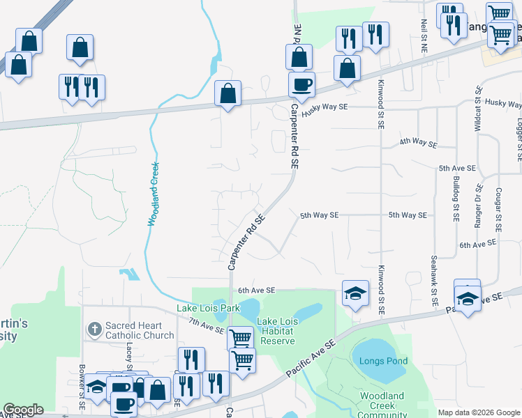 map of restaurants, bars, coffee shops, grocery stores, and more near 516 Malibu Drive Southeast in Olympia