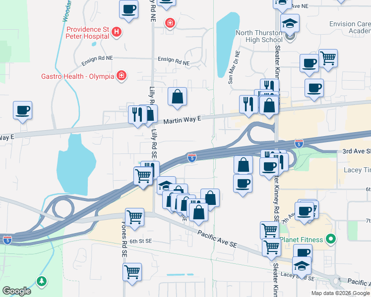 map of restaurants, bars, coffee shops, grocery stores, and more near 3745 Griffin Ln SE in Olympia