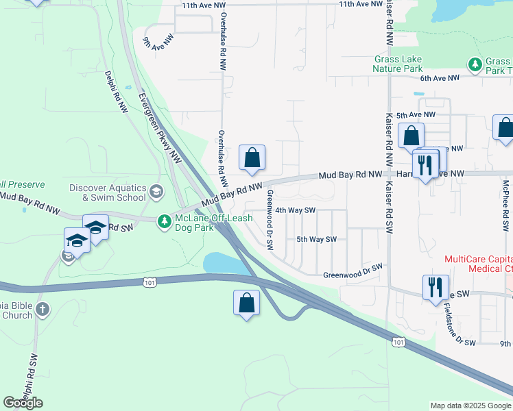 map of restaurants, bars, coffee shops, grocery stores, and more near 5002 4th Way Southwest in Olympia