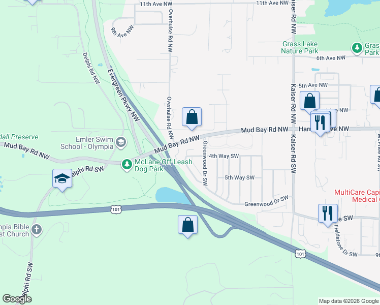 map of restaurants, bars, coffee shops, grocery stores, and more near 5002 4th Way Southwest in Olympia
