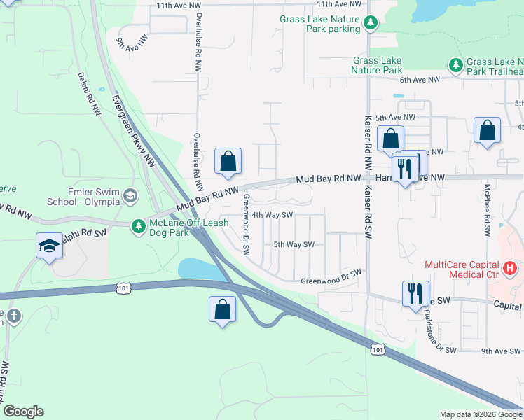 map of restaurants, bars, coffee shops, grocery stores, and more near 4910 4th Way Southwest in Olympia