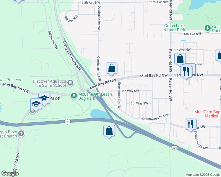 map of restaurants, bars, coffee shops, grocery stores, and more near 5002 4th Way Southwest in Olympia