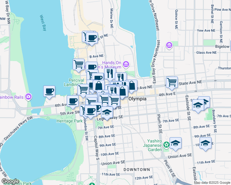 map of restaurants, bars, coffee shops, grocery stores, and more near 411 State Avenue Northeast in Olympia