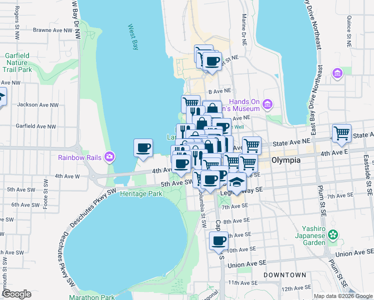 map of restaurants, bars, coffee shops, grocery stores, and more near 215 Columbia Street Northwest in Olympia