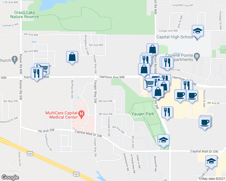 map of restaurants, bars, coffee shops, grocery stores, and more near 311 Marwood Lane Southwest in Olympia