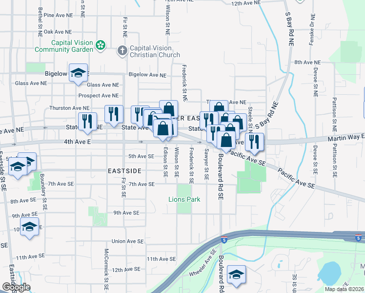 map of restaurants, bars, coffee shops, grocery stores, and more near 2007 4th Avenue East in Olympia